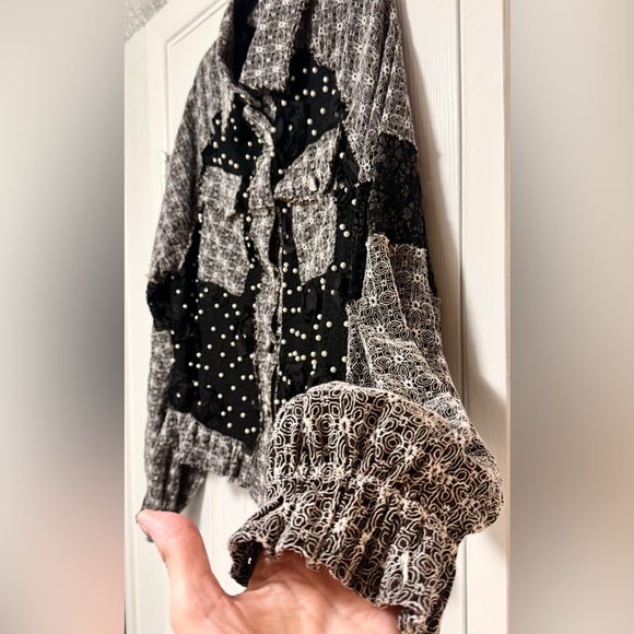 POL Eyelet Flower Pearl Detail Lace Patchwork Shirt or Shacket. - Picture 6 of 12